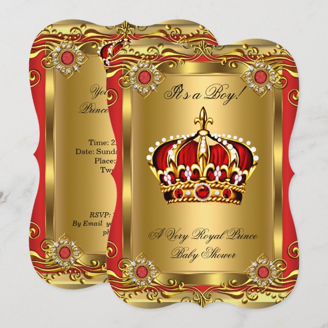 Invitation Garçon ou fille Baby shower royal Regal Red Gold (Devant / Derrière)
