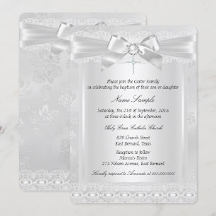 Invitation Garçon ou fille Baptême croix en dentelle blanche