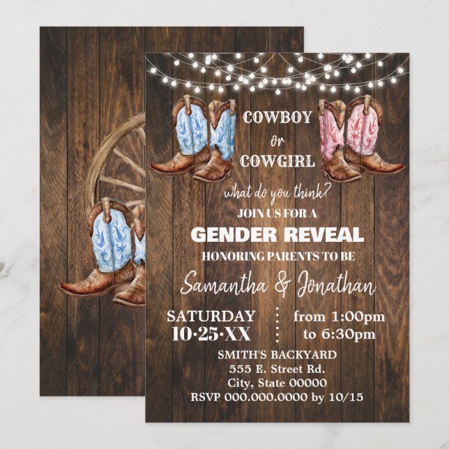 Invitation Garçon ou fille Bottes Occidentales Genre Révéler  (Devant / Derrière)