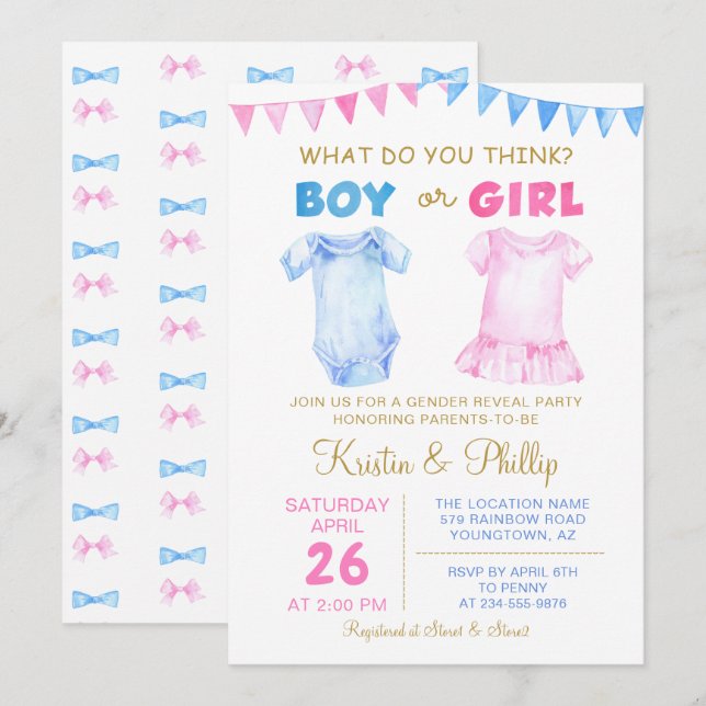 Invitation Garçon ou fille Genre Révéler Baby shower rose ble (Devant / Derrière)