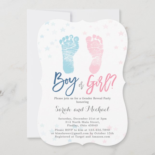 Invitation Garçon ou fille pieds bébé Révélation de genre (Devant)