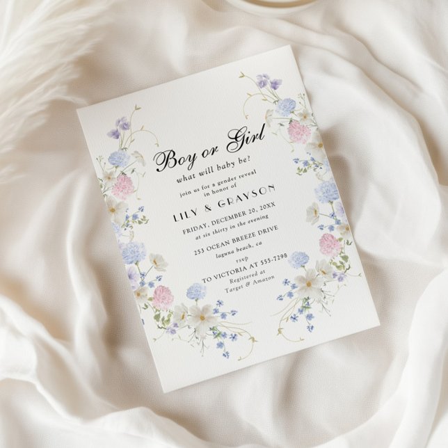 Invitation Garçon ou fille rose et bleu Fleur sauvage Révélat (Créateur téléchargé)