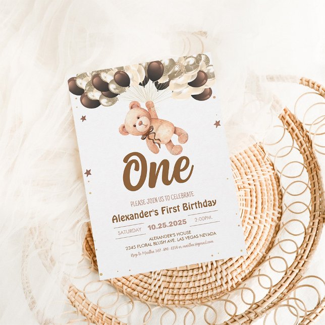 Invitation Garçon Ours avec Ballons Ours en peluche Anniversa (Créateur téléchargé)