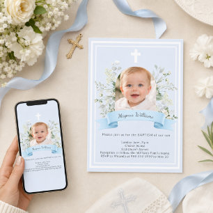 Invitation Garçon photo bleue fleurs blanches arche Baptême