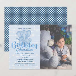 Invitation Garçon pour 1er anniversaire Éléphant mignon Guirl