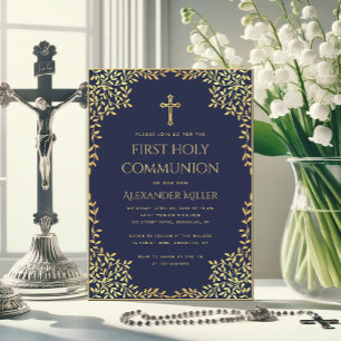 Invitation Garçon Première Communion Bleu Nuit Feuilles Dorée