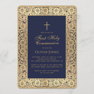 Invitation Garçon Première Communion Bleu Or Cadre Floral Élé