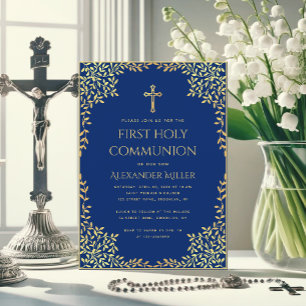 Invitation Garçon Première Communion Bleu Royal Feuilles Doré