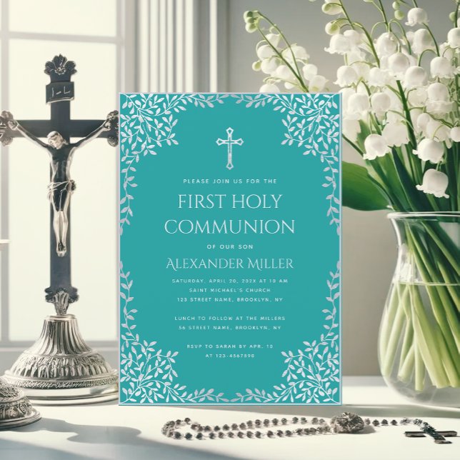 Invitation Garçon Première Communion Turquoise Élégant Feuill (Créateur téléchargé)