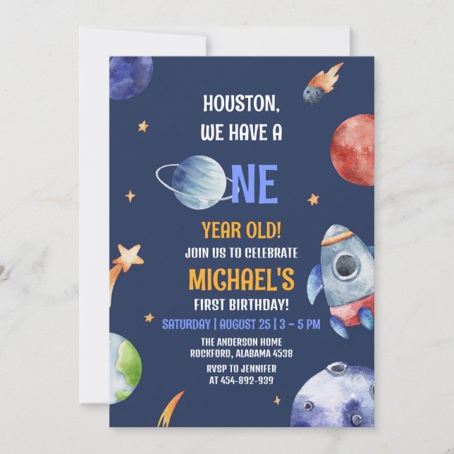 Invitation Garçon première planète spatiale 1er anniversaire (Devant)