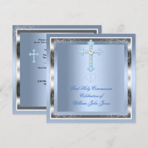 Invitation Garçon Première Sainte Communion Argent Bleu 2