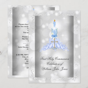 Invitation Garçon Première Sainte Communion Argent Bleu Garço