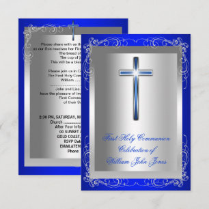 Invitation Garçon Première Sainte Communion Argent Bleu Royal