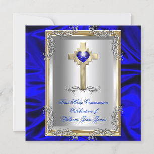 Invitation Garçon Première Sainte Communion Argent Or Bleu Ro