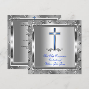 Invitation Garçon Première Sainte Communion Argent Royal Bleu