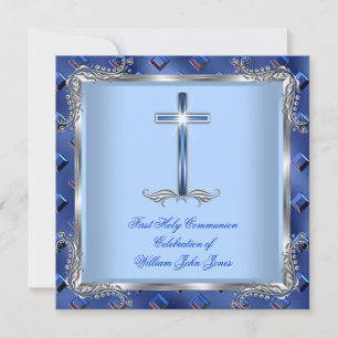 Invitation Garçon Première Sainte Communion Argent Royal Bleu