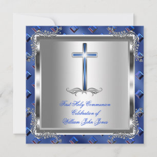 Invitation Garçon Première Sainte Communion Argent Royal Blue