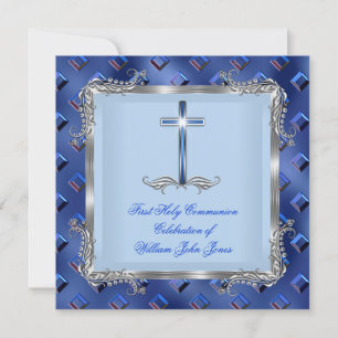 Invitation Garçon Première Sainte Communion Argent Royal Blue