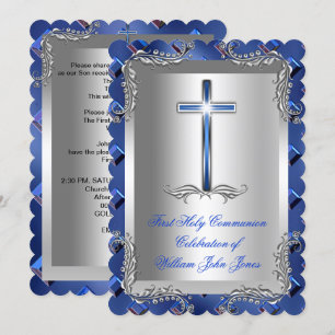 Invitation Garçon Première Sainte Communion Argent Royal Blue