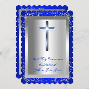 Invitation Garçon Première Sainte Communion Argent Royal Blue