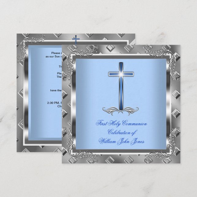 Invitation Garçon Première Sainte Communion Argent Royal Blue (Devant / Derrière)