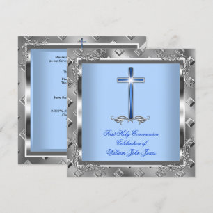 Invitation Garçon Première Sainte Communion Argent Royal Blue