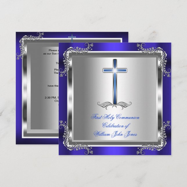 Invitation Garçon Première Sainte Communion Argent Royal Blue (Devant / Derrière)