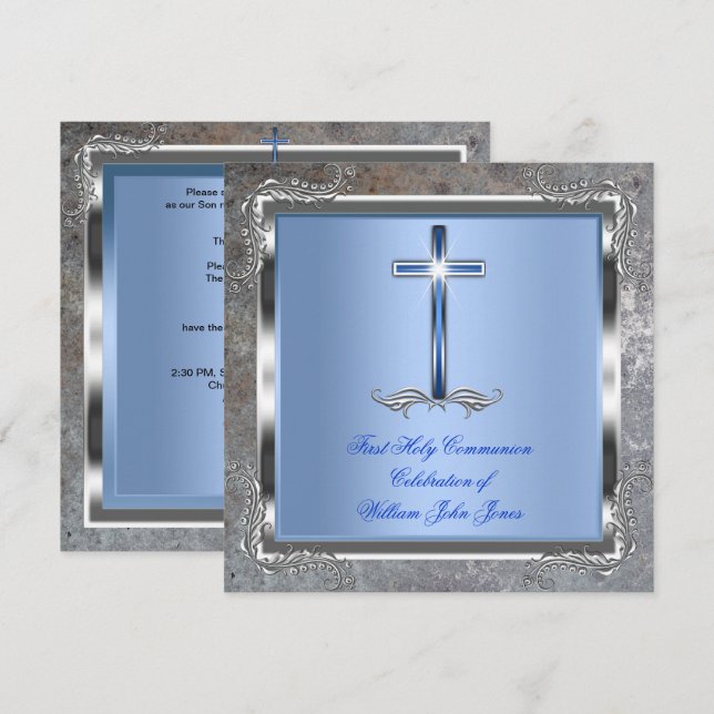 Invitation Garçon Première Sainte Communion Argent Royal Blue (Devant / Derrière)