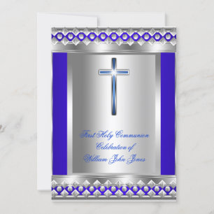 Invitation Garçon Première Sainte Communion Argent Royal Blue