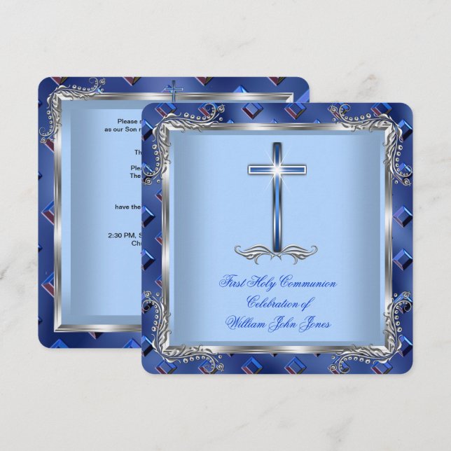Invitation Garçon Première Sainte Communion Argent Royal Blue (Devant / Derrière)