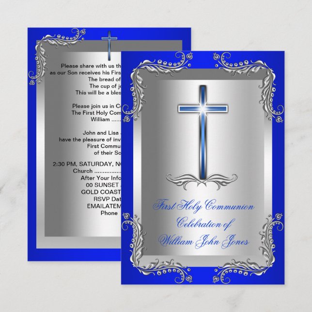 Invitation Garçon Première Sainte Communion Argent Royal Blue (Devant / Derrière)
