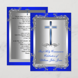 Invitation Garçon Première Sainte Communion Argent Royal Blue