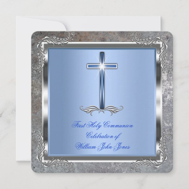 Invitation Garçon Première Sainte Communion Argent Royal Blue (Devant)