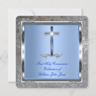 Invitation Garçon Première Sainte Communion Argent Royal Blue