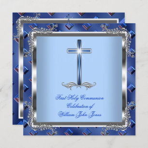 Invitation Garçon Première Sainte Communion Argent Royal Blue