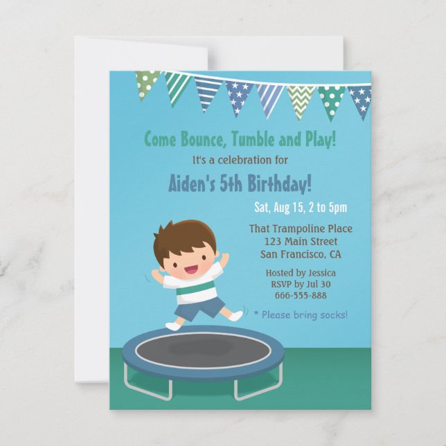 Invitation Garçon rebondissant sur un trampoline Fête d'anniv (Devant)