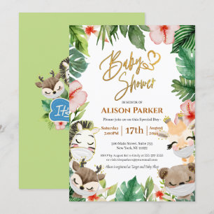 Invitation Garçon Safari Animaux Jungle Vert Bébé Garçon Douc