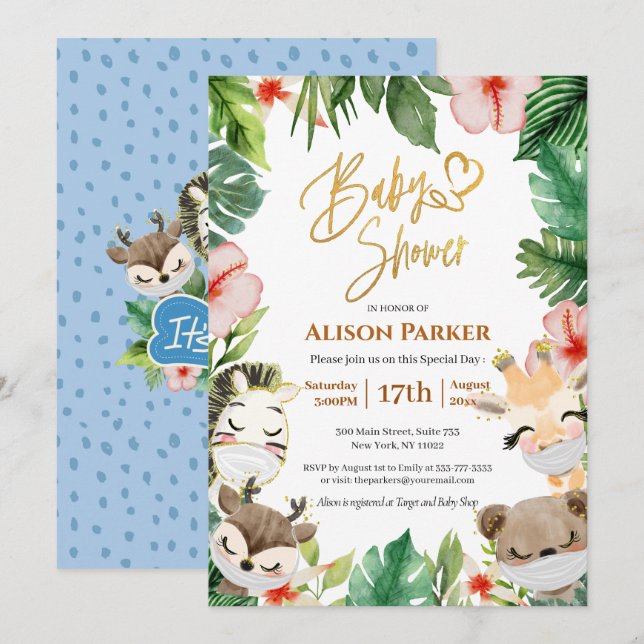 Invitation Garçon Safari Animaux Jungle Vert Bébé Garçon Douc (Devant / Derrière)