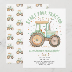 Invitation Garçon Tracteur Vert 3ème Anniversaire 