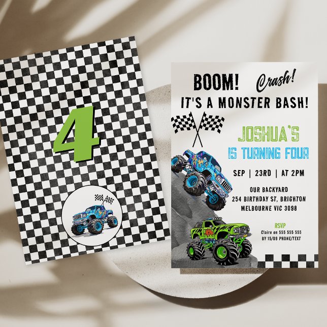 Invitation Garçon Vert Bleu Fluorescent Camion Monster Annive (Boys Monster Truck Monster Bash Birthday Invitation, Monster Bash Invitation Card, Boom Invitation)