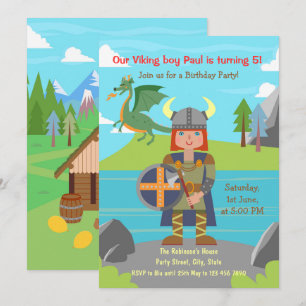 Invitation Garçon Viking guerrier et dragon Fête d'anniversai