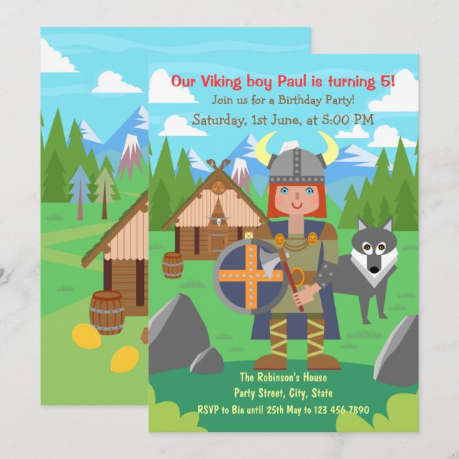 Invitation Garçon Viking guerrier et loup de compagnie Fête d (Devant / Derrière)