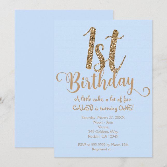 Invitation Garçons 1ER ANNIVERSAIRE 1 Bleu & Gold Party Invit (Devant / Derrière)