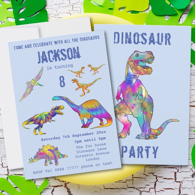 Invitation Garçons 8e anniversaire Dinosaur T Rex Roar Party  (Colorful dinosaur 8th birthday party invitation with T-Rex velociraptor stegosaurus brontosaurus )