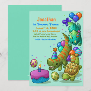 Invitation Garçons adorable Vert Dino Turtle fête d'anniversa