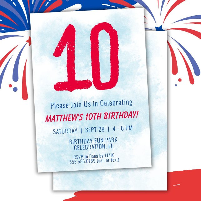 Invitation Garçons Aquarelle Enfants Bleu 10e anniversaire (Créateur téléchargé)