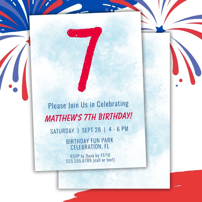 Invitation Garçons Aquarelle Enfants Bleu 7e anniversaire (Créateur téléchargé)