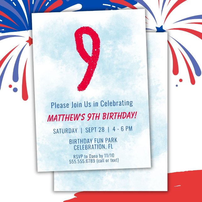 Invitation Garçons Aquarelle Enfants Bleu 9e anniversaire (Créateur téléchargé)