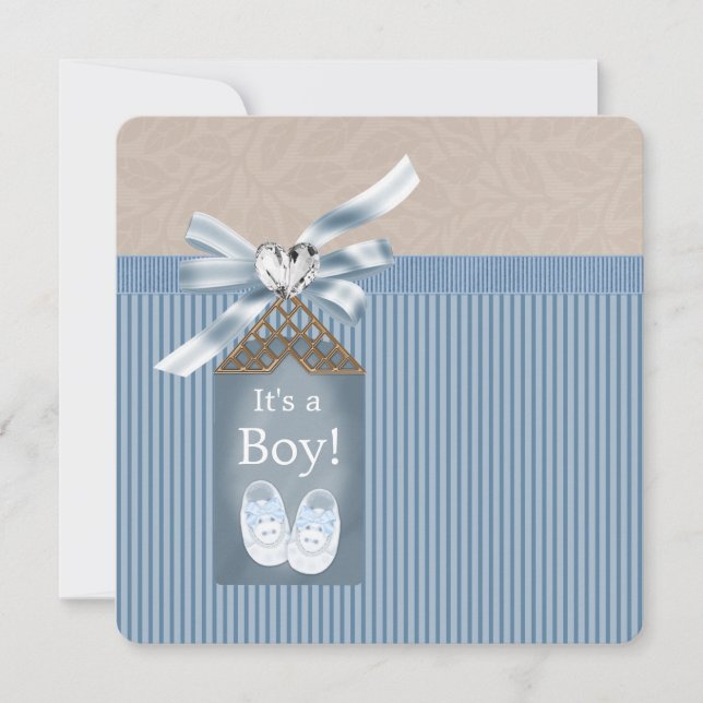 Invitation Garçons Baby shower Brown Blue Pinstripe (Devant)