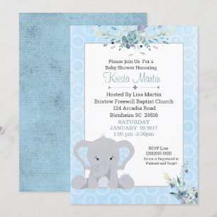 Invitation Garçons Baby shower Floral Eléphant mignon